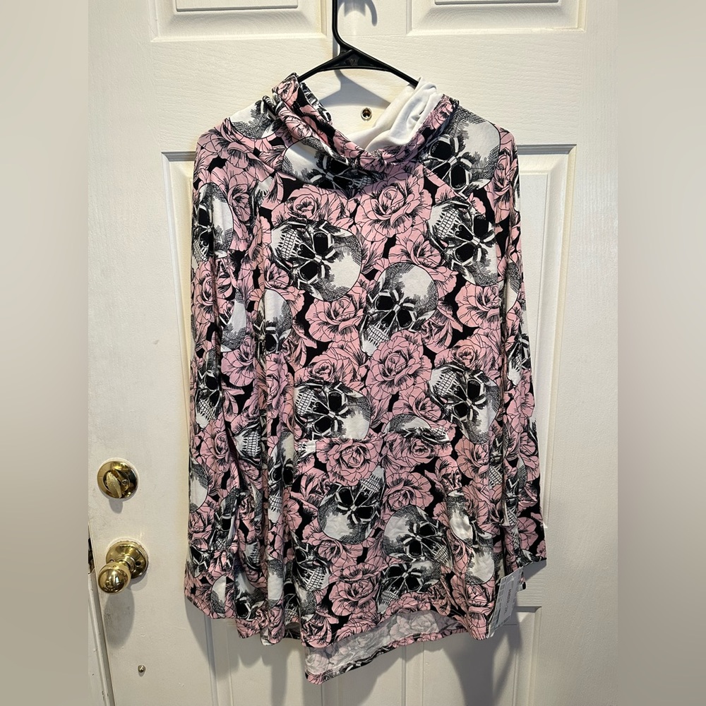 LuLaRoe pink rose sweatshirt with skull detail